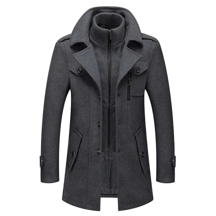 Warm men's Oxford winter coat, classic tailored design, perfect for business attire & cold weather.