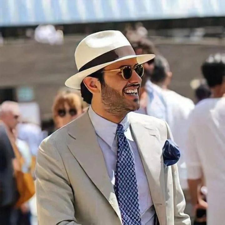 Men's classic Panama straw sun hat in beige, perfect for summer, beach, or travel. Lightweight outdoor accessory.