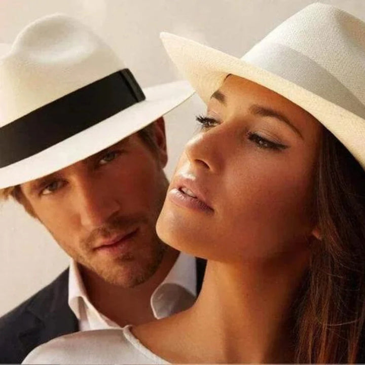 Stylish men's beige Panama sun hat with a fedora-style brim. Ideal for beach, travel, resort wear, or any outdoor occasion.