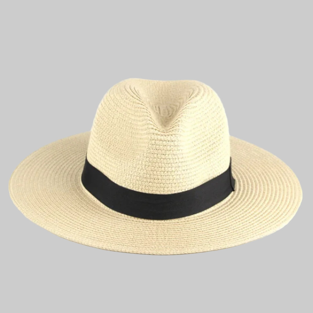Lightweight men's adjustable Panama sun hat, a classic straw design for comfortable summer beach days & travel adventures.
