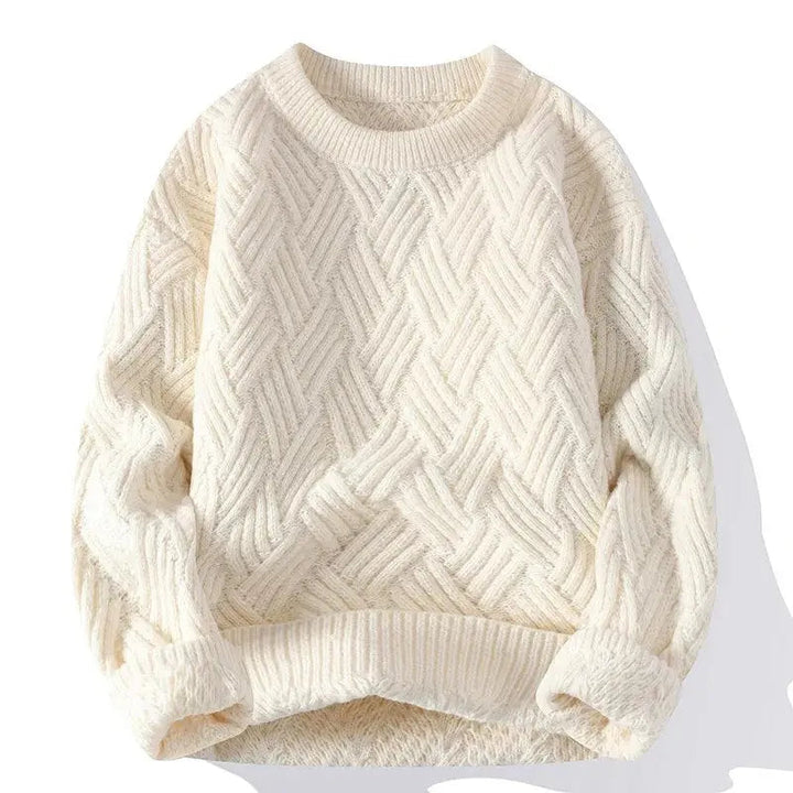 Relaxed fit men's patterned crewneck sweater, showcasing its stylish knit and comfort for daily wear.