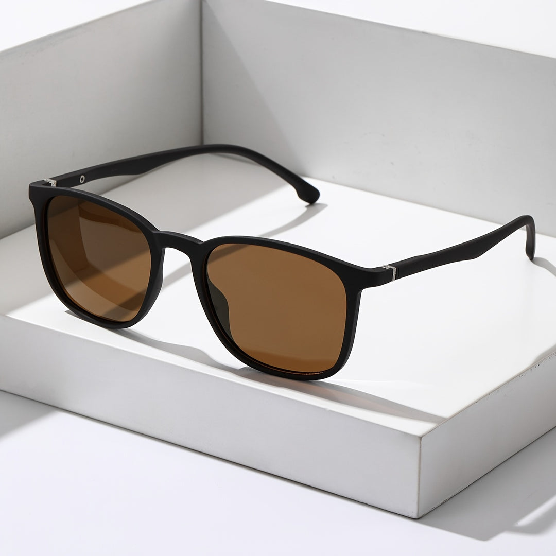 Stylish men's classic black polarized sunglasses. Fashion eyewear offering UV protection & glare reduction for casual wear.