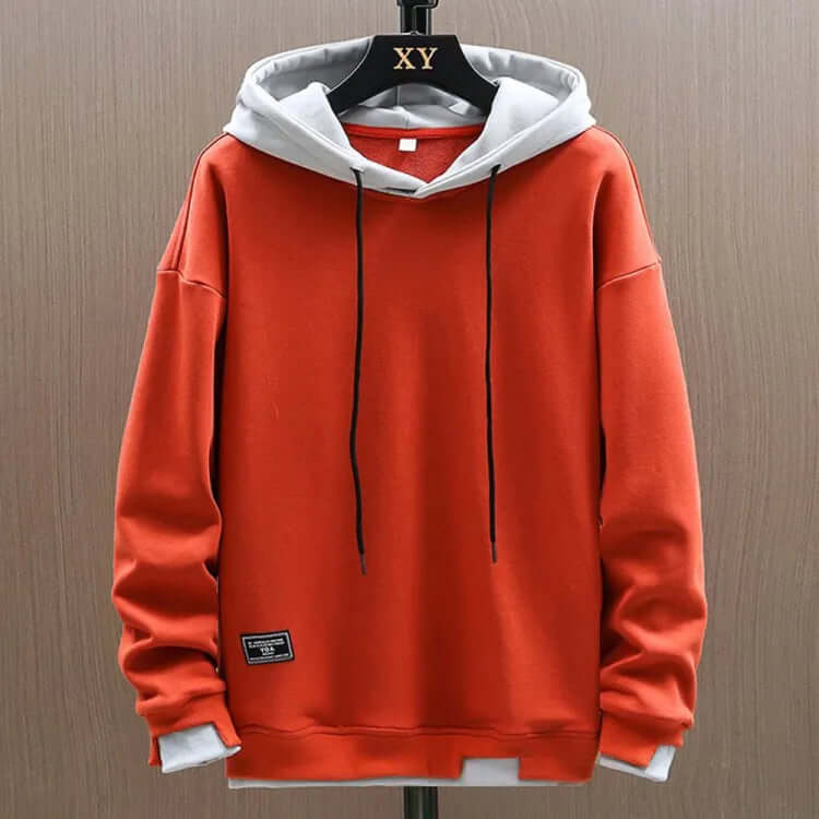 Casual beige men's sweater, a soft pullover hoodie with a warm hood and practical front pockets.