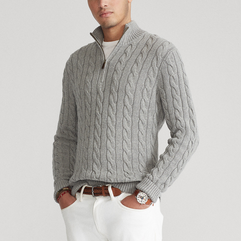 Men's classic quarter-zip cable knit sweater, perfect for effortless style and warmth.