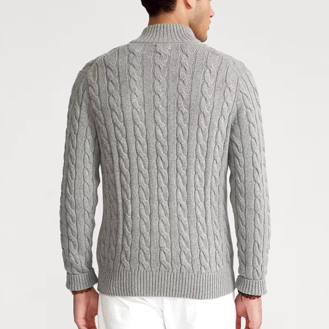 Stylish men's quarter-zip cable knit pullover for casual fall and winter fashion.
