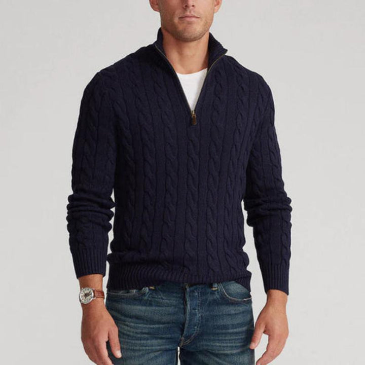 Warm and comfortable men's long-sleeve cable knit sweater with a quarter-zip neckline.