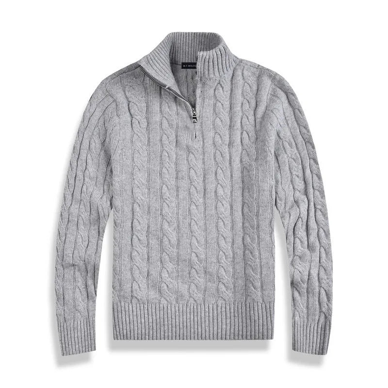 Classic men's pullover featuring a cozy cable knit pattern and stylish quarter-zip.