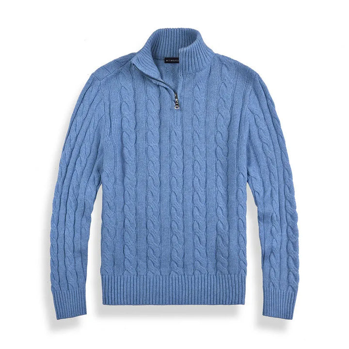 Men's casual quarter-zip cable knit sweater, comfortable knitwear for everyday wear.