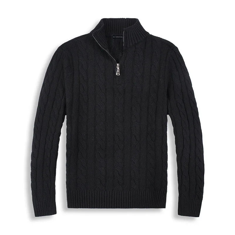 Versatile men's quarter-zip cable knit sweater, perfect for layering and adding warmth.