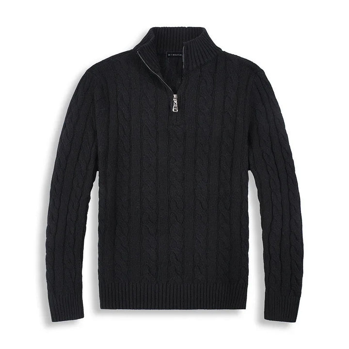 Versatile men's quarter-zip cable knit sweater, perfect for layering and adding warmth.