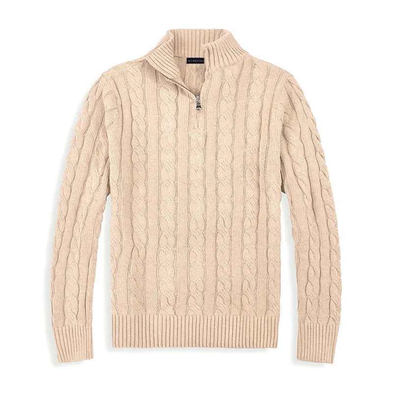 Timeless men's long-sleeve cable knit sweater with a practical quarter-zip opening.