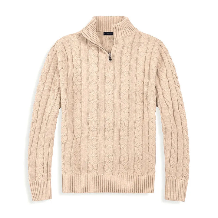 Timeless men's long-sleeve cable knit sweater with a practical quarter-zip opening.