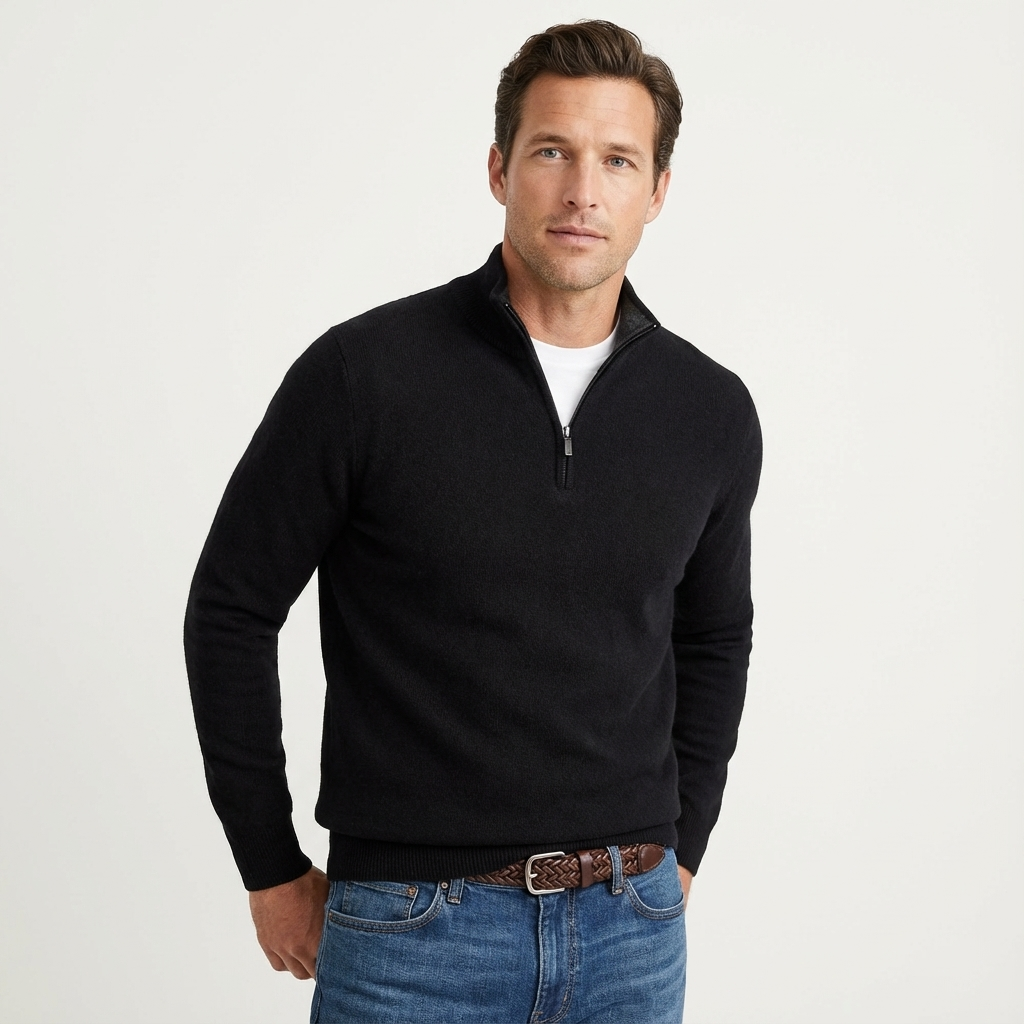 Men's classic quarter-zip pullover sweater in a versatile knit, perfect for smart-casual layering.