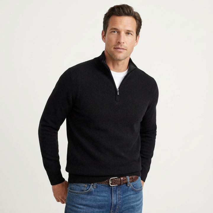 Men's classic quarter-zip pullover sweater in a versatile knit, perfect for smart-casual layering.