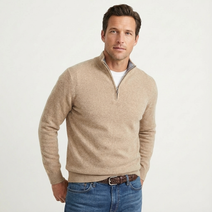 Modern classic men's quarter-zip pullover sweater, perfect for versatile smart-casual menswear ensembles.