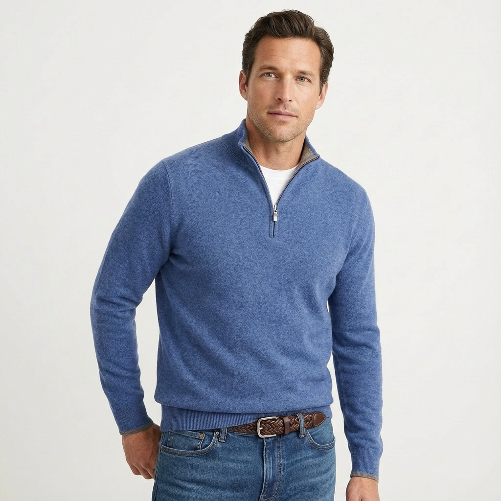 Front view of a classic men's quarter-zip pullover sweater, knit for comfortable smart-casual styling.