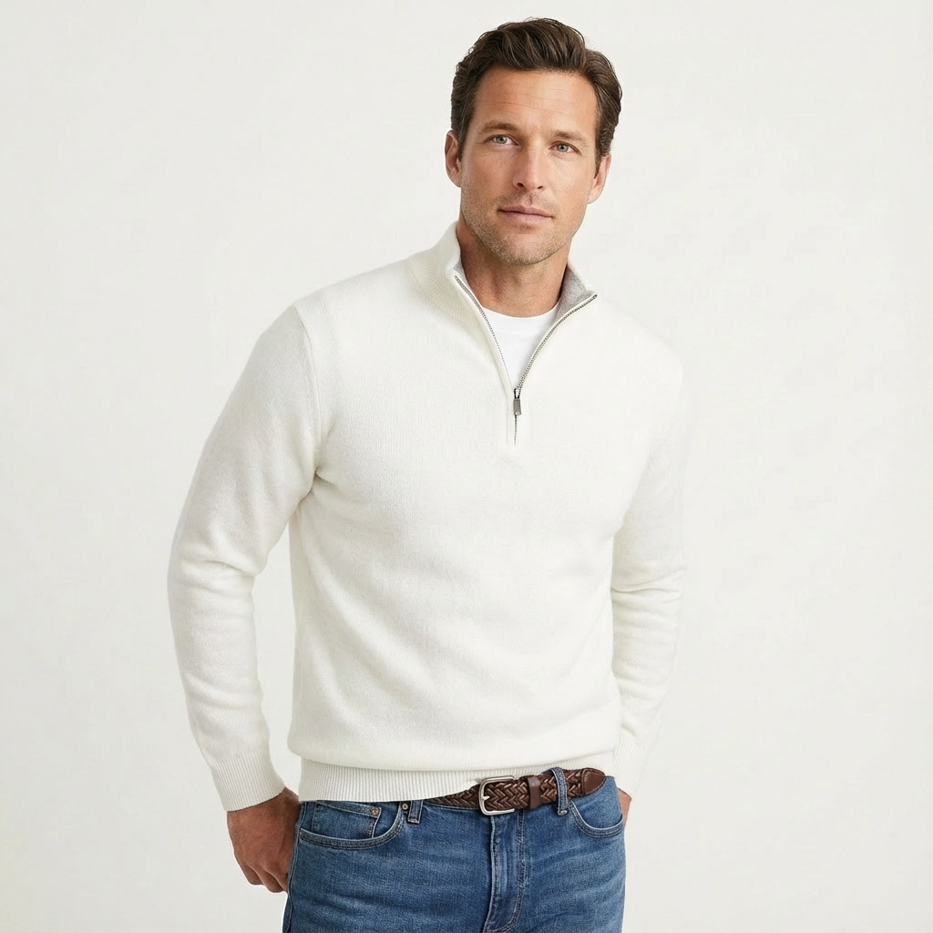 Detail of men's quarter-zip pullover sweater collar, showcasing classic style for smart-casual fashion.