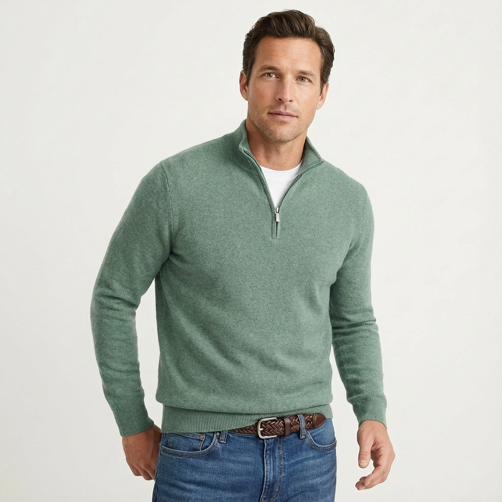 Comfortable men's quarter-zip pullover sweater, a classic everyday layering piece for smart-casual outfits.
