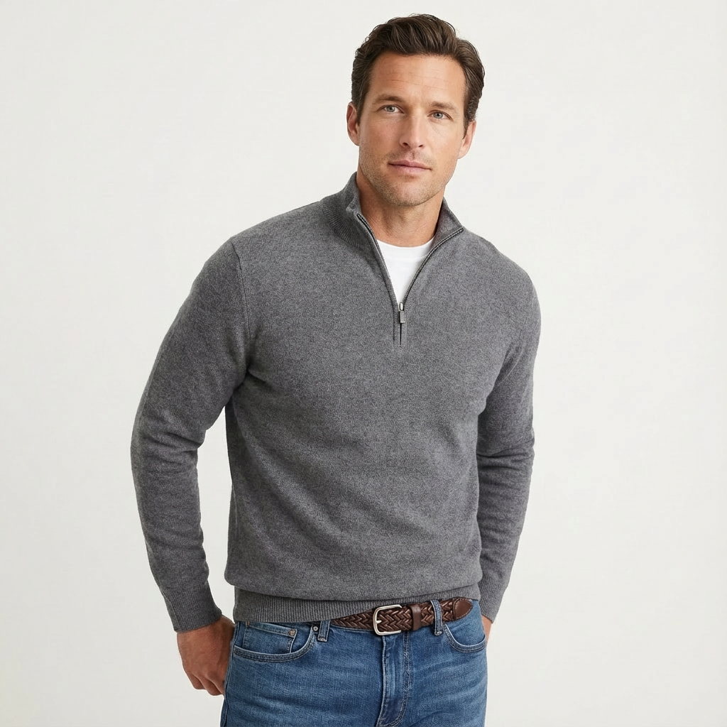 Essential men's quarter-zip pullover sweater, a classic and versatile smart-casual wardrobe staple.