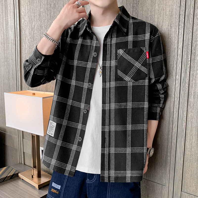 Men's classic red & black plaid flannel button-up shirt, long sleeve, ideal for casual wear & layering.