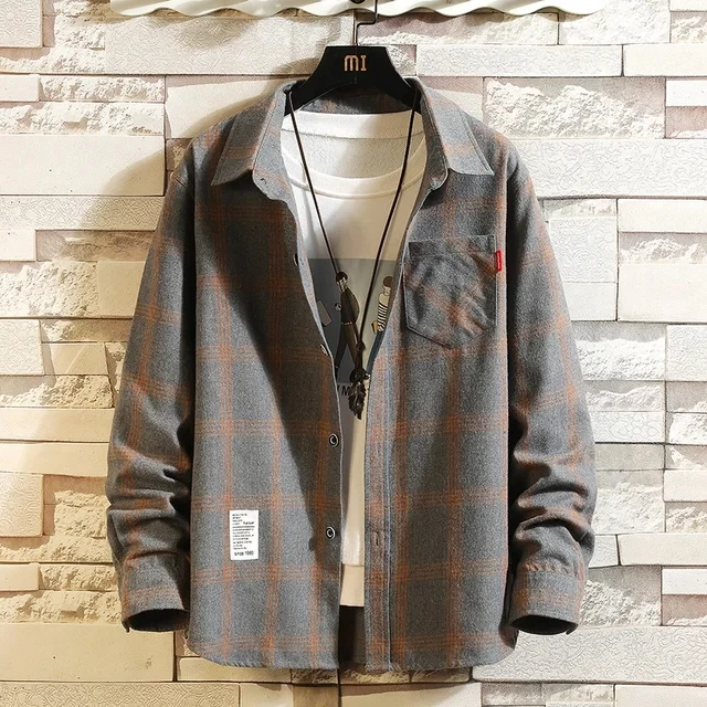 Versatile men's classic plaid flannel button-up shirt for layering. Comfortable long sleeve casual fashion.