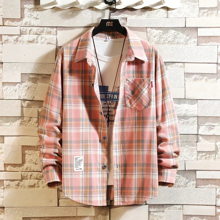 Year-round men's plaid flannel button-up shirt, long sleeve, perfect for cool weather streetwear style.