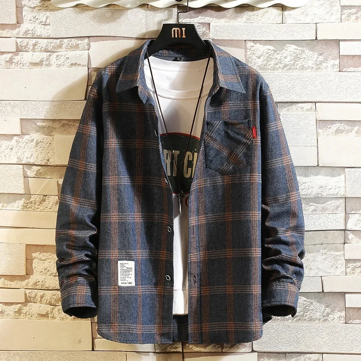 Classic men's plaid flannel shirt, button-up, long sleeve, a timeless casual wear essential for men.