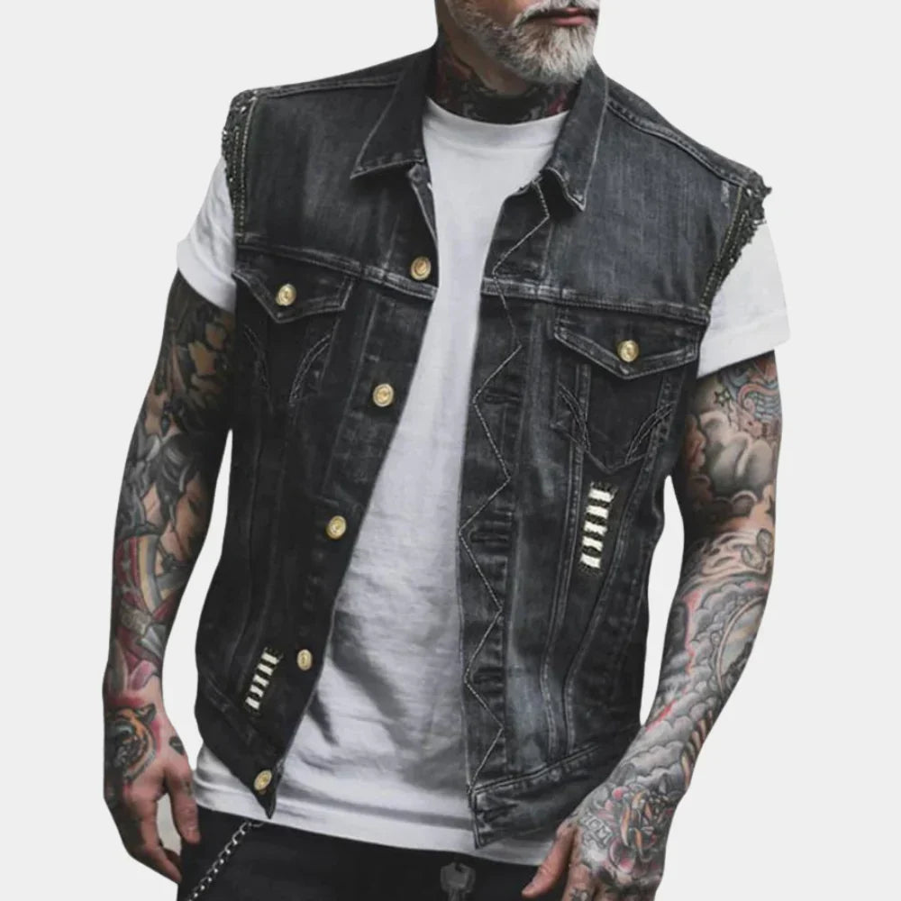 Men's classic retro denim vest with button closure, perfect sleeveless jacket for casual wear & layering.