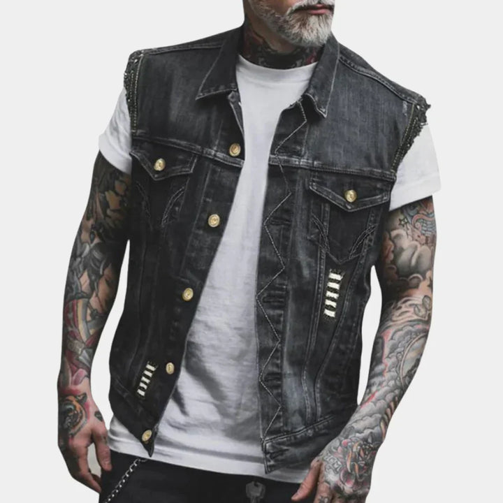 Men's classic retro denim vest with button closure, perfect sleeveless jacket for casual wear & layering.