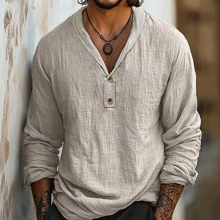 Stylish men's retro fashion button up shirt. Long sleeve, comfortable for casual, smart casual, vintage outfits.