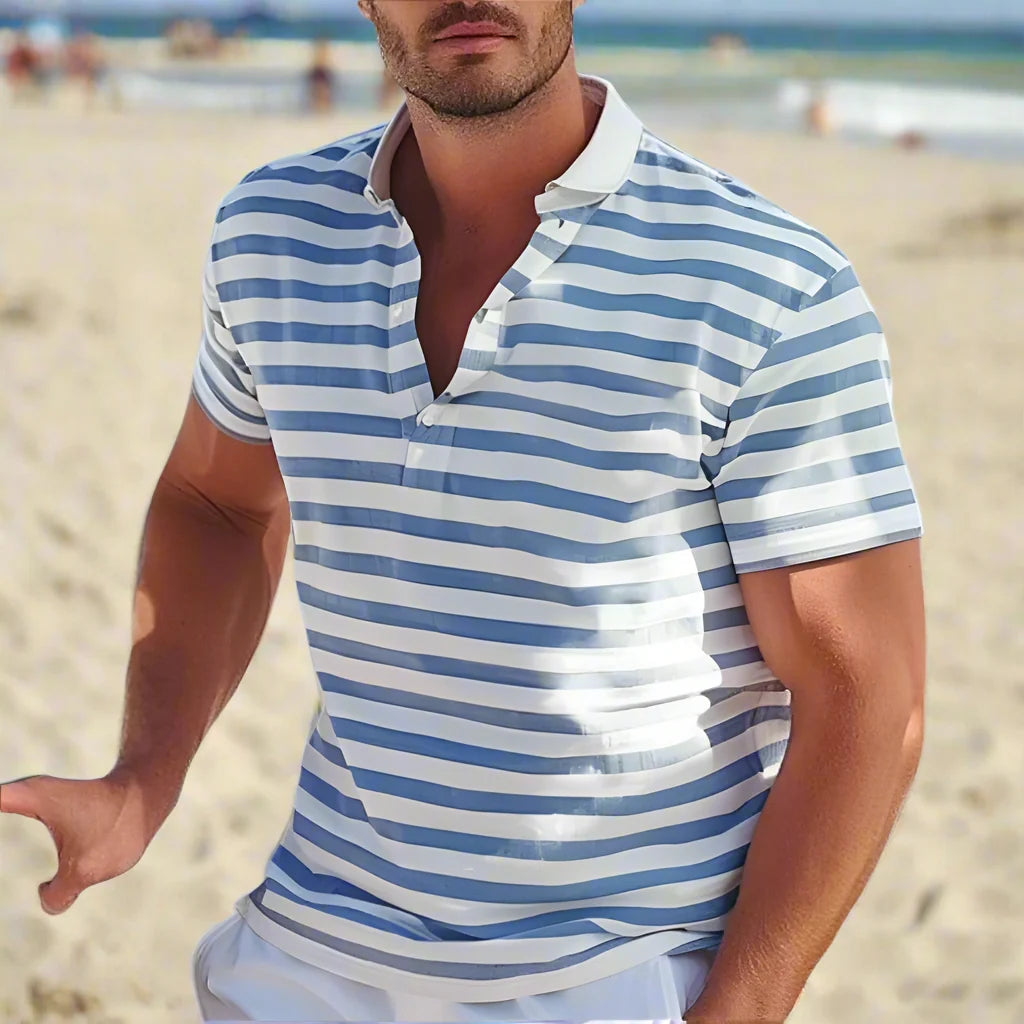 Men's classic retro striped polo shirt. Short sleeve casual top with a classic fit, perfect for summer fashion.