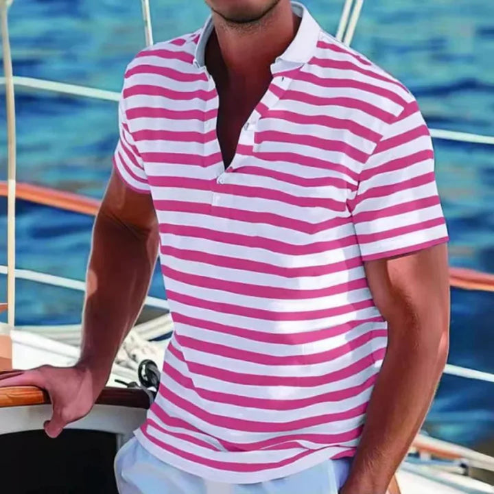 Classic fit men's striped polo shirt. Short sleeve button-up retro top, ideal for casual summer fashion.