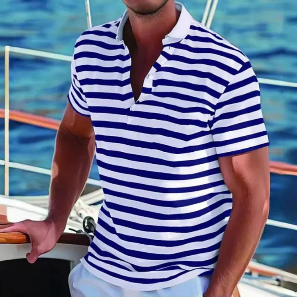Men's retro striped polo shirt. Classic fit, short sleeve, casual button-up for summer everyday wear.