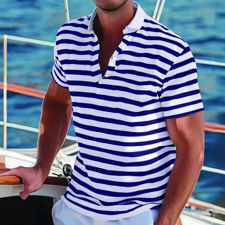 Men's retro striped polo shirt. Classic fit, short sleeve, casual button-up for summer everyday wear.