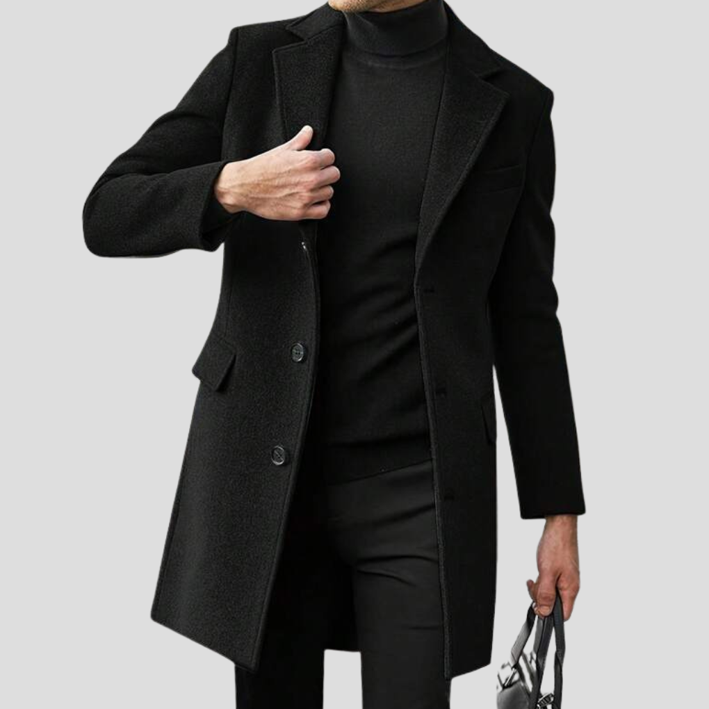 Men's classic revere collar overcoat, perfect for winter outerwear & formal occasions. Features button front.