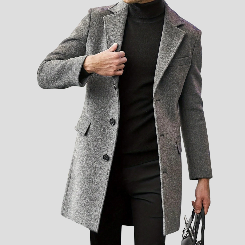 Elegant men's long overcoat with a revere collar, ideal for professional wear, autumn, or cold weather fashion.