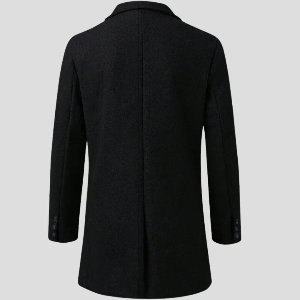 Stylish men's revere overcoat, a long button-front formal jacket. Essential winter & autumn professional wear.