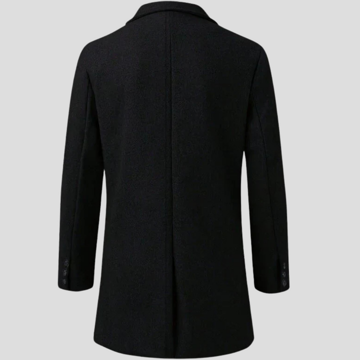 Stylish men's revere overcoat, a long button-front formal jacket. Essential winter & autumn professional wear.