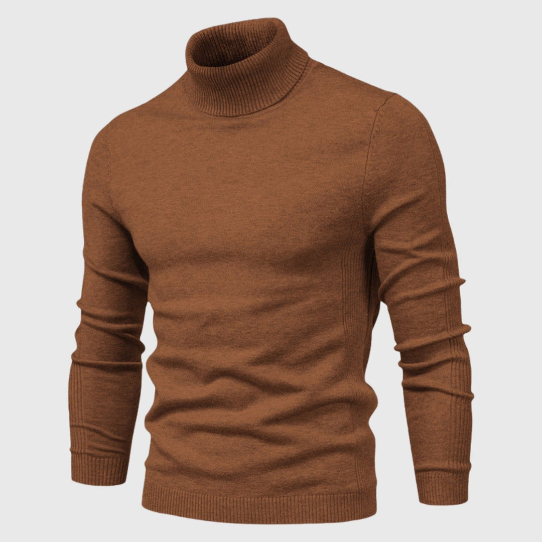 Long-sleeve men's roll neck jumper, perfect for a comfortable yet stylish look in classic winter fashion.