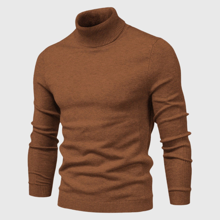 Long-sleeve men's roll neck jumper, perfect for a comfortable yet stylish look in classic winter fashion.
