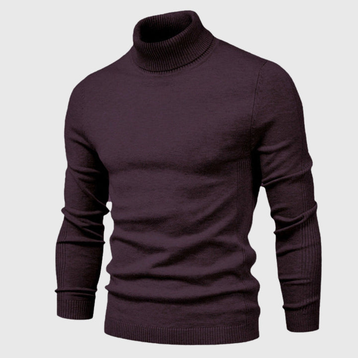 Close-up of a men's classic roll neck jumper, highlighting the quality knit and timeless, comfortable style.