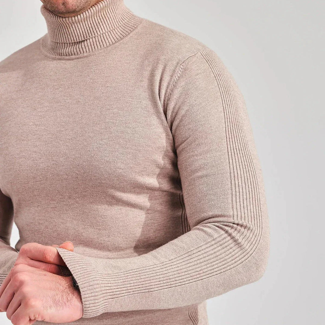 Model wearing a men's classic roll neck jumper, showcasing its comfortable fit and sophisticated long-sleeve style.