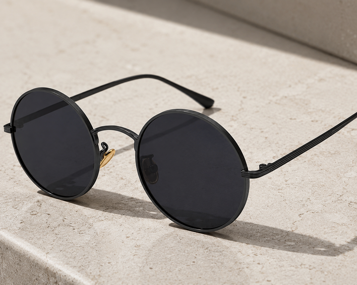 Stylish men's retro round metal frame sunglasses, a classic fashion accessory with dark tinted lenses.