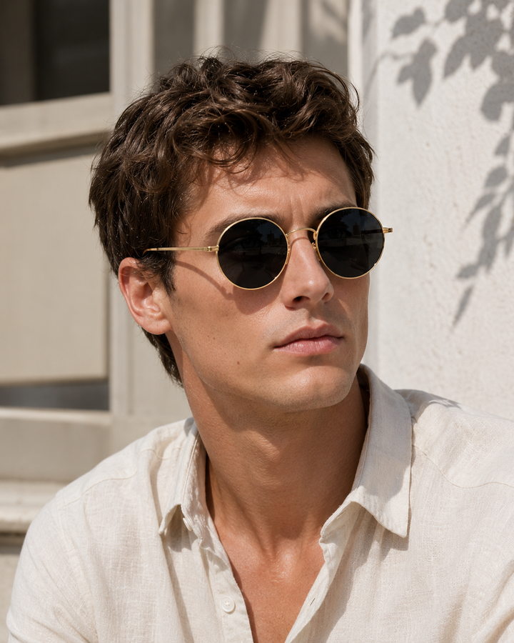 Elegant men's classic round metal frame sunglasses, an essential retro eyewear accessory with stylish tinted lenses.