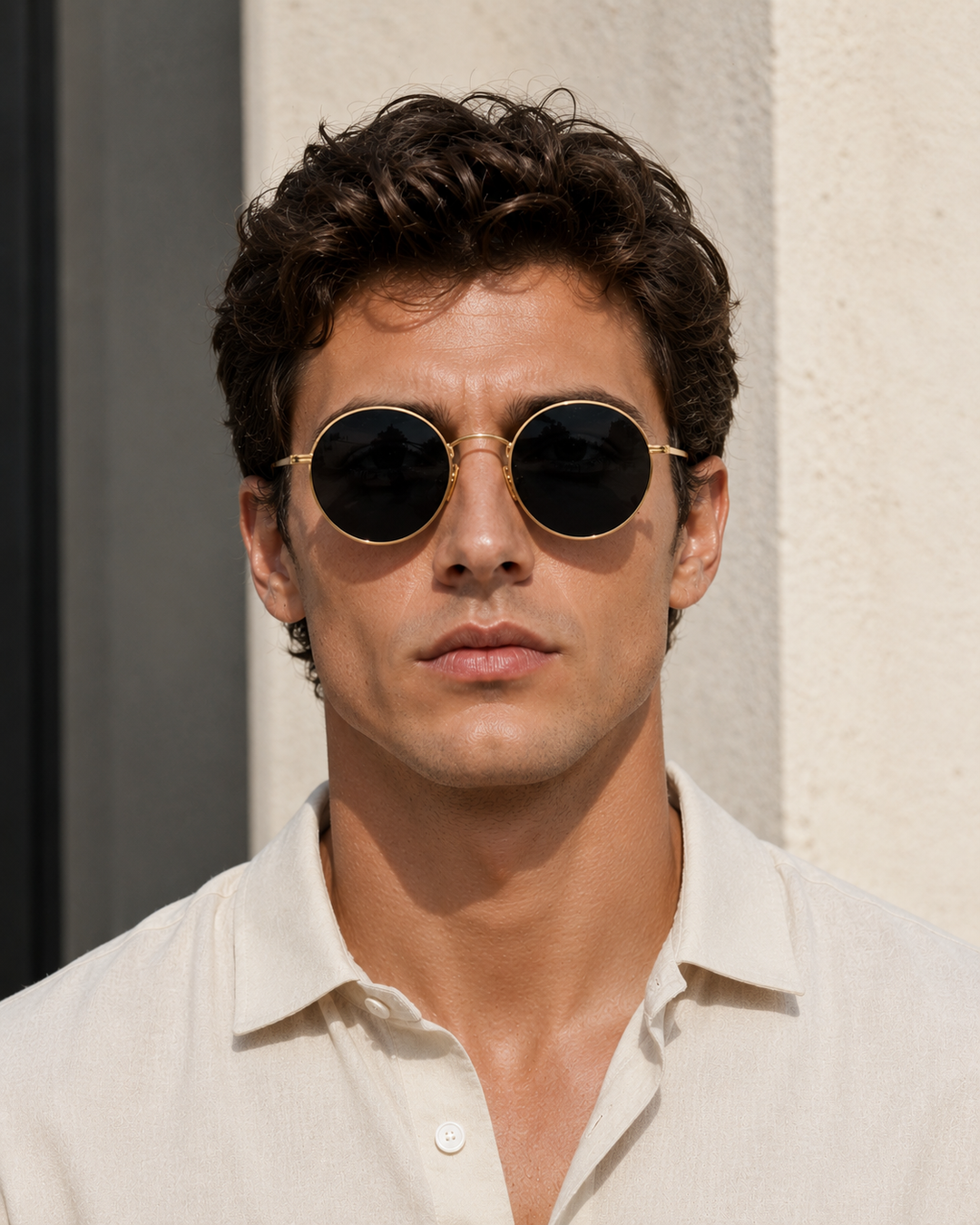 Men's classic round metal frame sunglasses for sophisticated style, featuring comfortable fit and tinted sun protection.