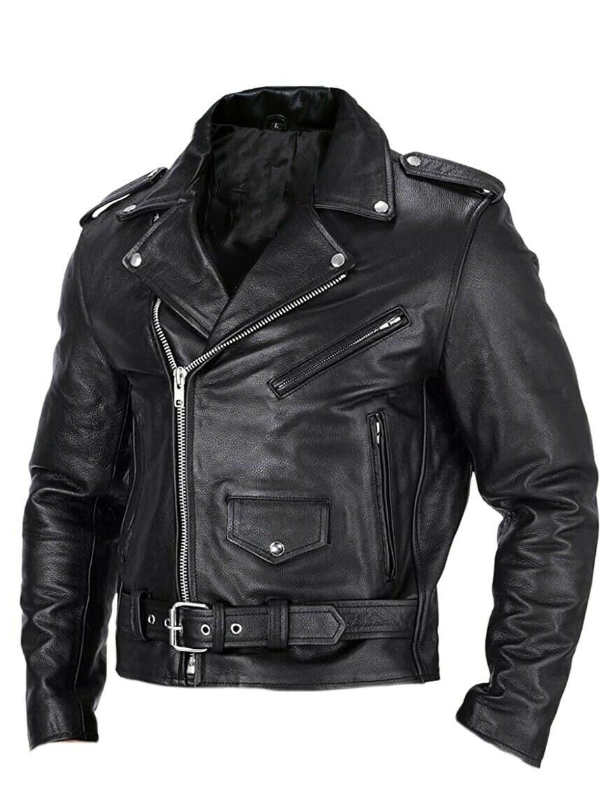 Rugged men's motorcycle jacket, featuring a durable design, asymmetrical zipper, and classic biker lapel collar.