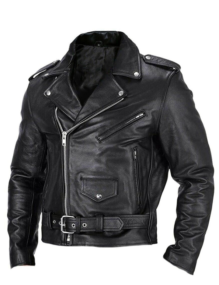 Rugged men's motorcycle jacket, featuring a durable design, asymmetrical zipper, and classic biker lapel collar.