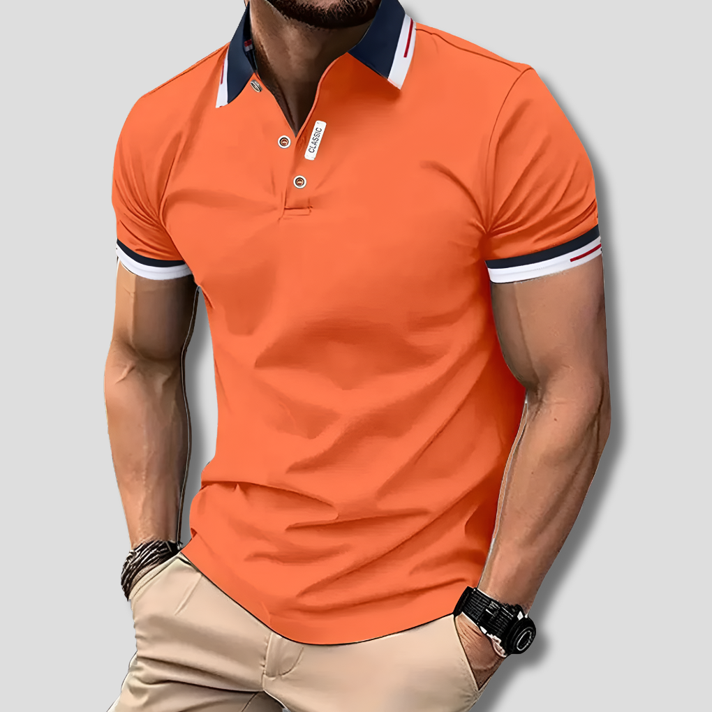 Men's classic short sleeve polo shirt in a comfortable, versatile design, perfect for casual or semi-formal occasions.