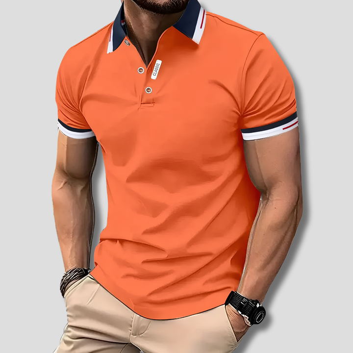 Men's classic short sleeve polo shirt in a comfortable, versatile design, perfect for casual or semi-formal occasions.
