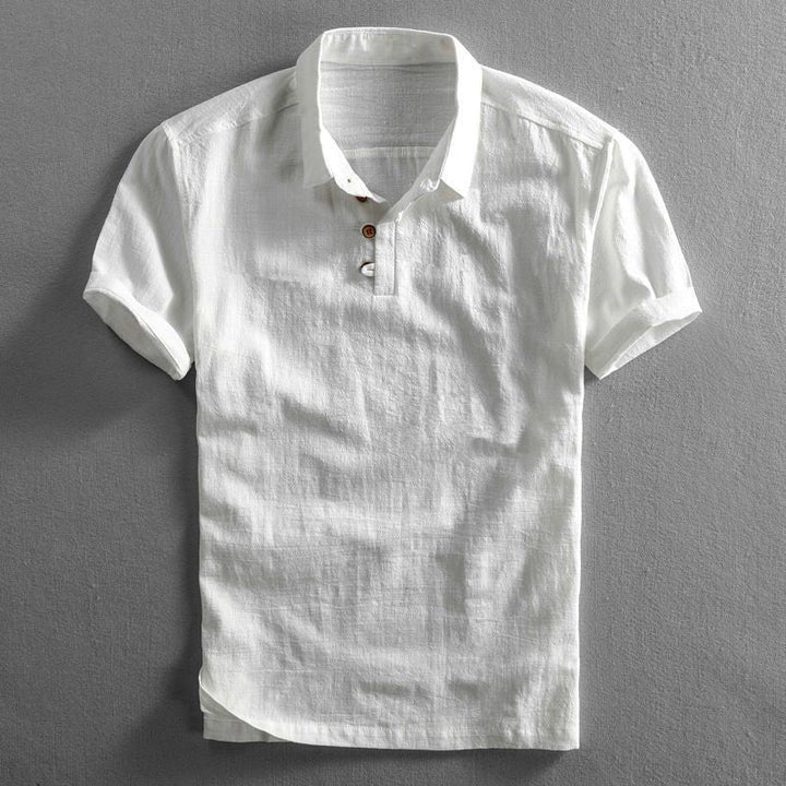 Stylish men's short sleeve polo shirt with button placket, great for casual summer outfits & everyday wear.